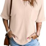 Dokotoo Womens Summer Tops Fashion 2025 Short Sleeve Crewneck Waffle Knit Shirts Casual Oversized Blouses with Pockets