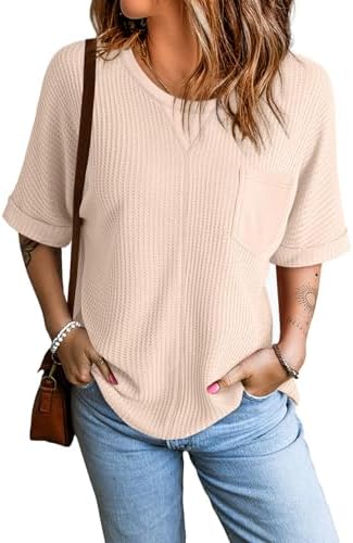 Dokotoo Womens Summer Tops Fashion 2025 Short Sleeve Crewneck Waffle Knit Shirts Casual Oversized Blouses with Pockets