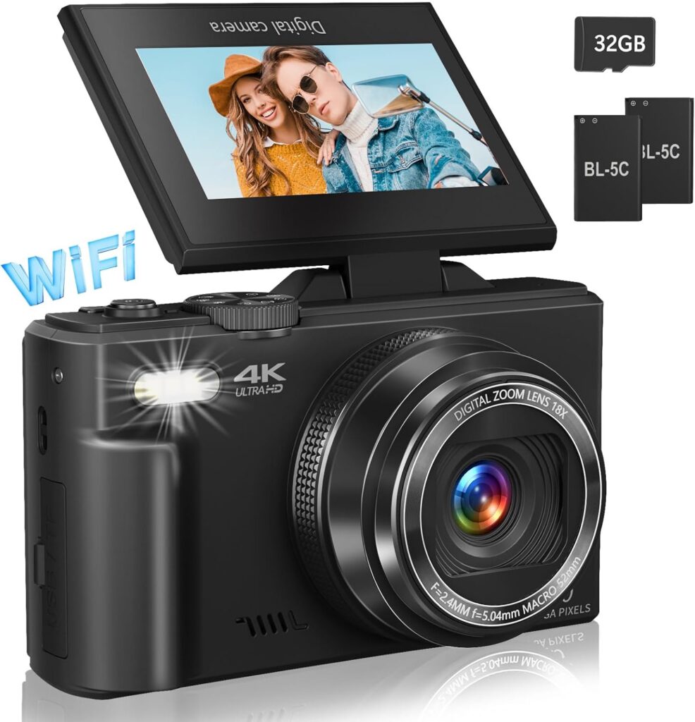 Digital Camera for Photography, 4K Vlogging Camera for YouTube 3″ 180° Flip Screen 18X Digital Zoom Compact Retro Cameras with 32GB TF Card & 2 Batteries, Black